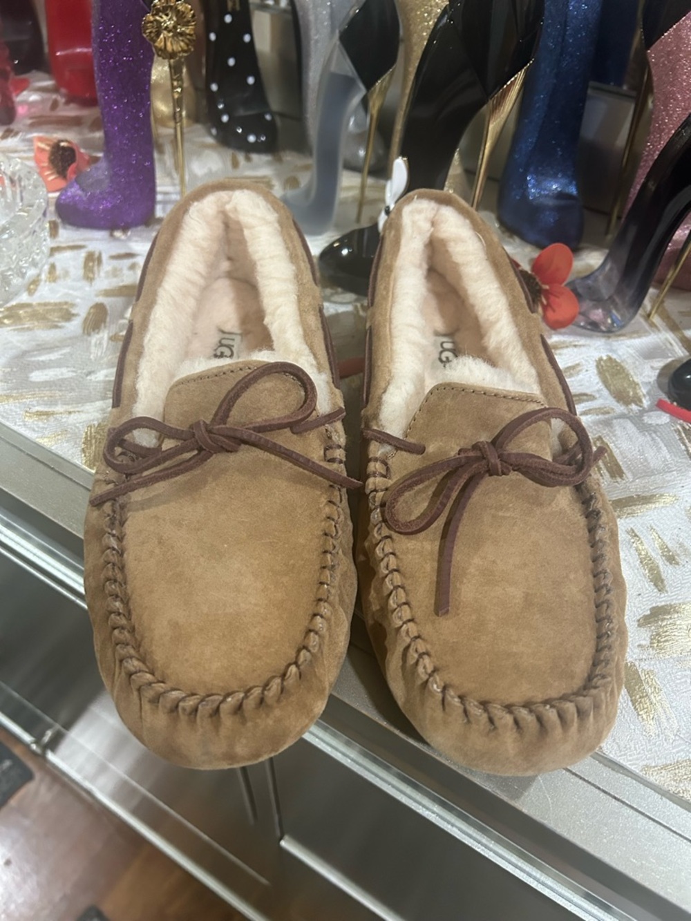 UGG Chestnut Suede Moccasin Slippers with Cream Shearling